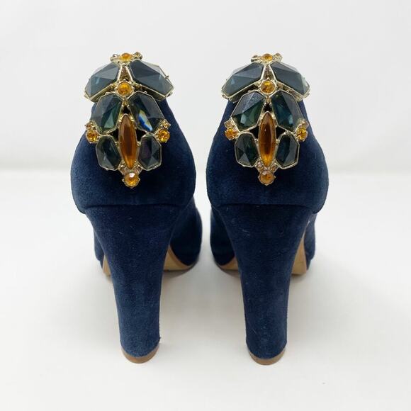 Anthro Miss Albright Navy Blue Suede Almond Toe Pumps Size 8.5 Rhinestone Accent - Picture 4 of 9